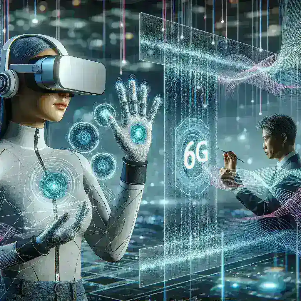 "Imagem ilustrativa de tecnologia 6G, mostrando um usuário interagindo com dispositivos conectados em uma experiência de internet imersiva com sensores de toque digital, destacando a inovação na comunicação e conectividade do futuro."